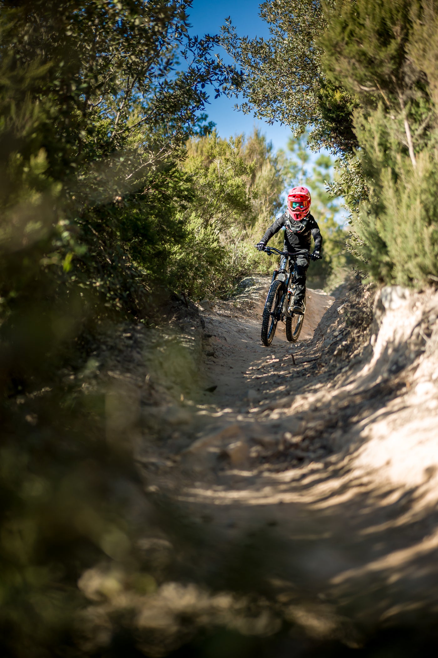 MTB Fahrer mit rotem Helm
