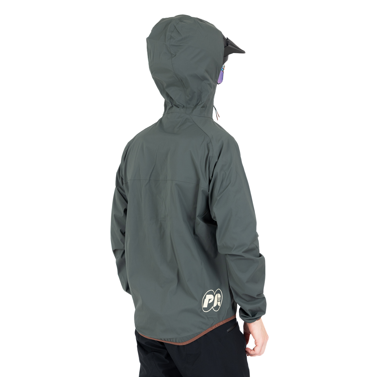 Regenjacke DFL EVO Grün - Rückansicht, Kapuze auf dem Helm