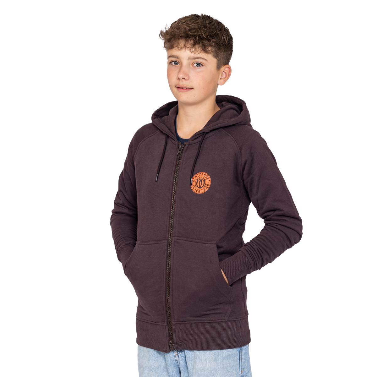 Kinder Hoodie Explore in Braun - Vorderseite Variante