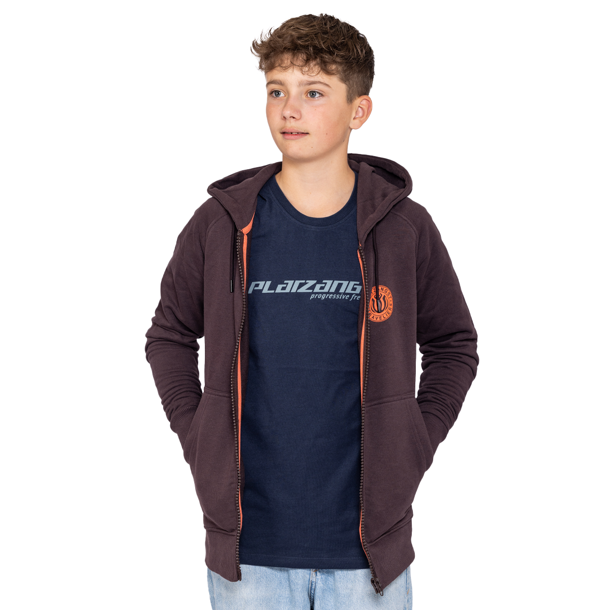 Kinder Hoodie Explore in Braun - Vorderseite geöffnet