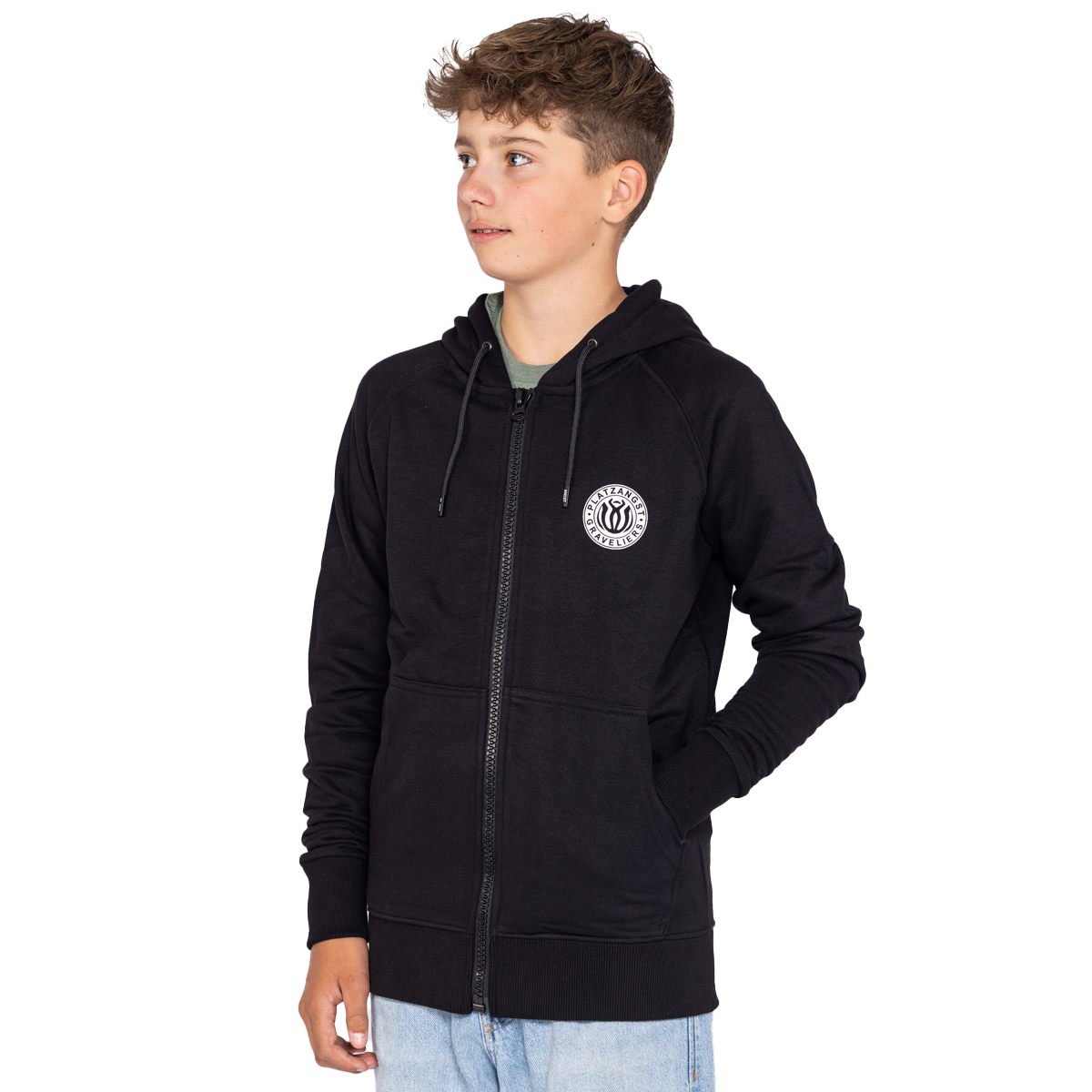 Kinder Hoodie Explore in Schwarz - Vorderseite