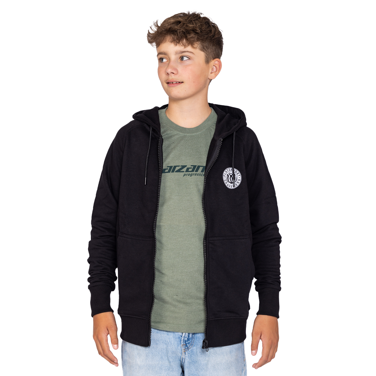 Kinder Hoodie Explore in Schwarz - Vorderseite geöffnet