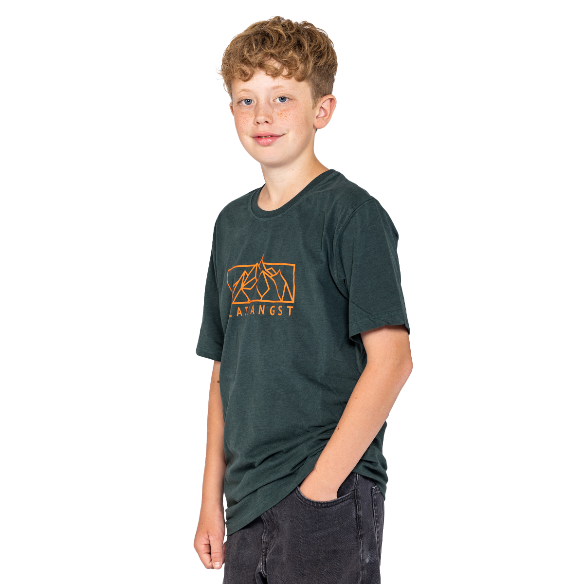 Kinder T-Shirt Mountain Logo in Grün - Vorderseite 45 Grad