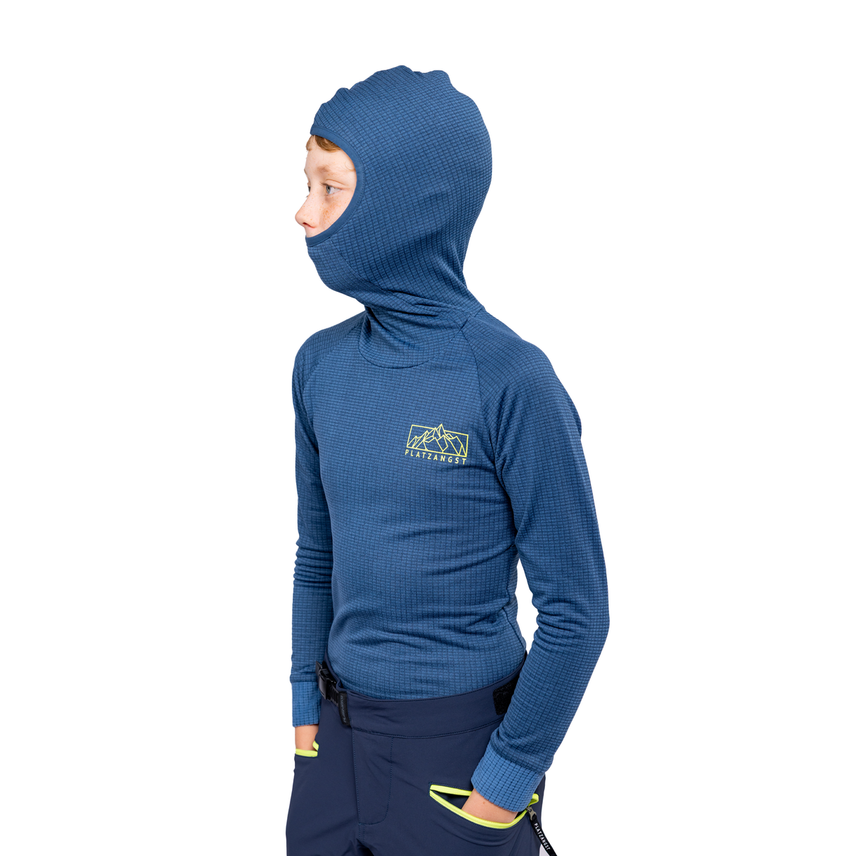 Kinder Maskentrikot in Blau - Vorderansicht mit Maske aufgezogen