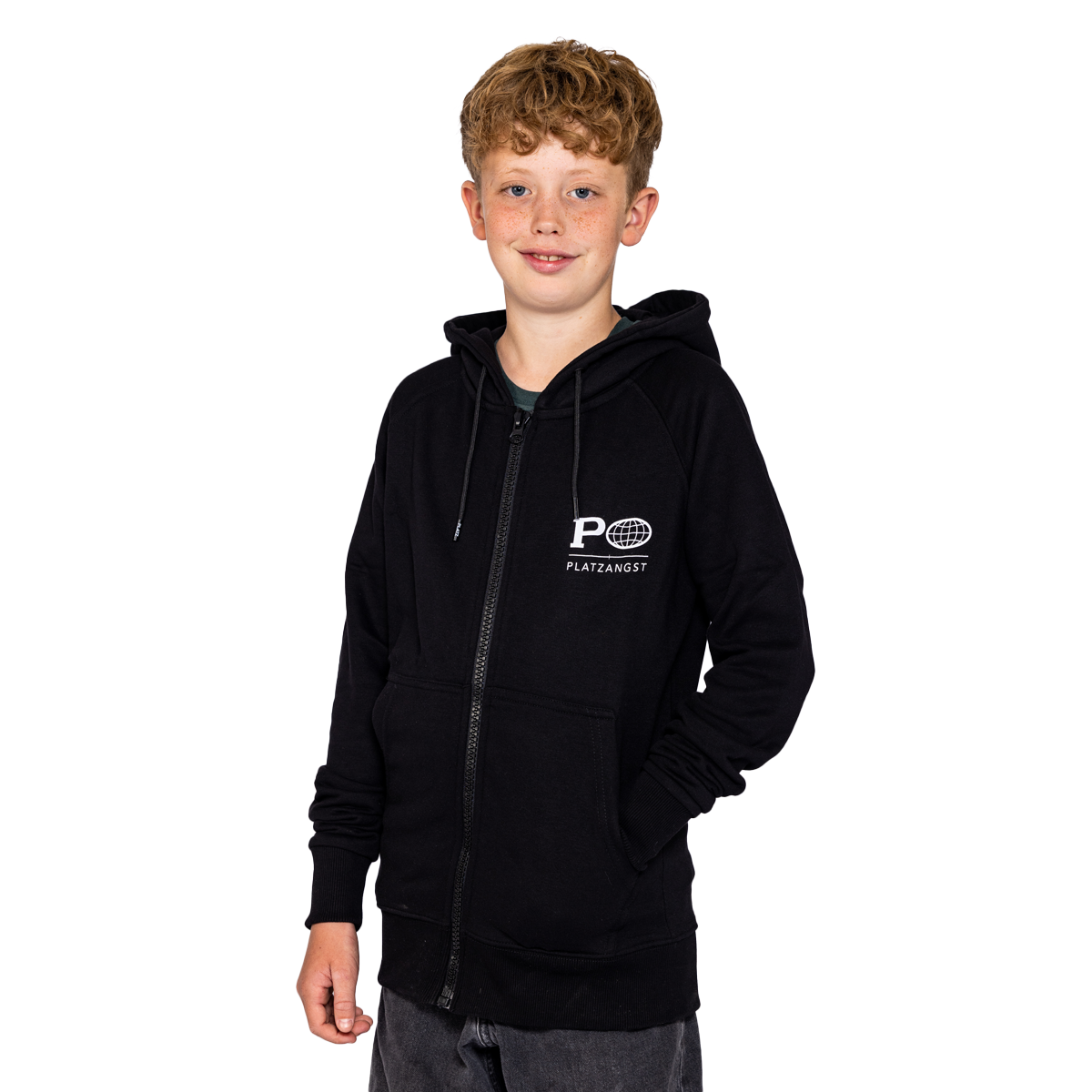 Kinder Hoodie P-Zip in Schwarz - Vorderseite