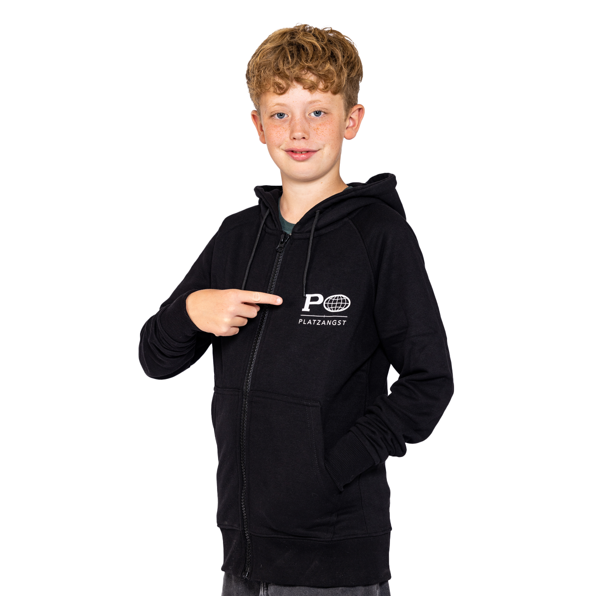 Kinder Hoodie P-Zip in Schwarz - Vorderseite Variante