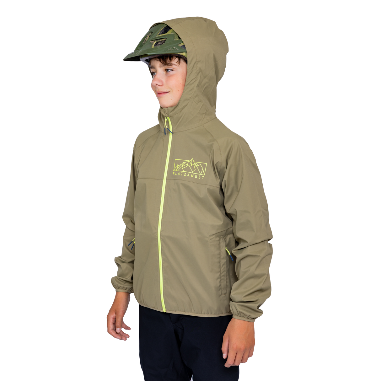 Regenjacke für Kinder in Grün - Seitenansicht mit Kapuze aufgezogen