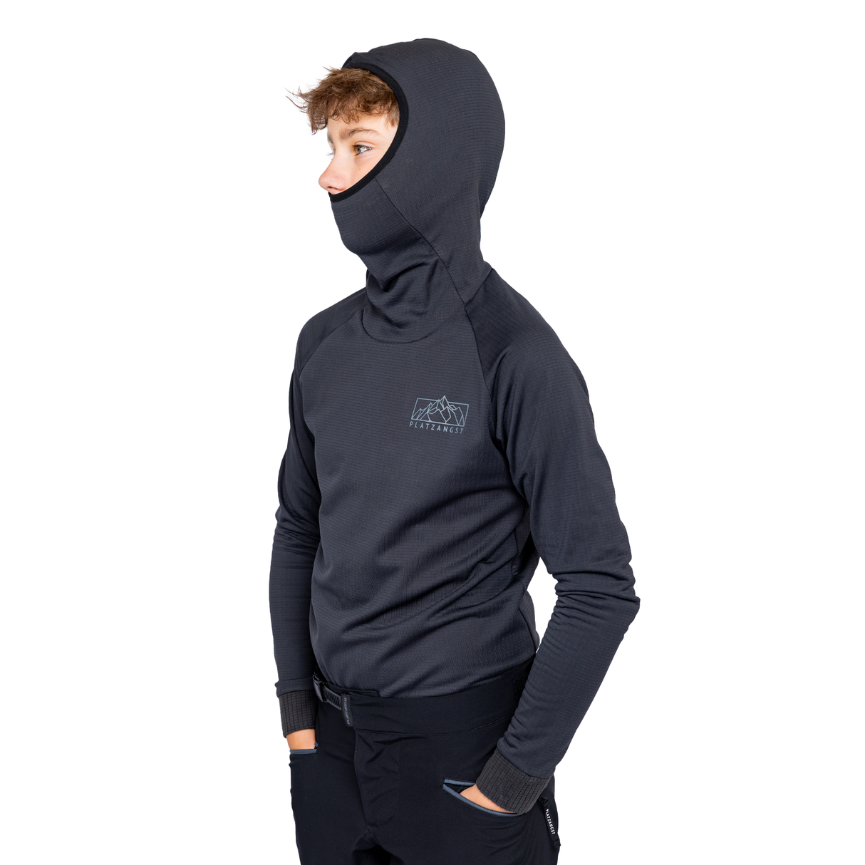 Kinder Maskentrikot in Schwarz - Seitenansicht mit Mask aufgezogen